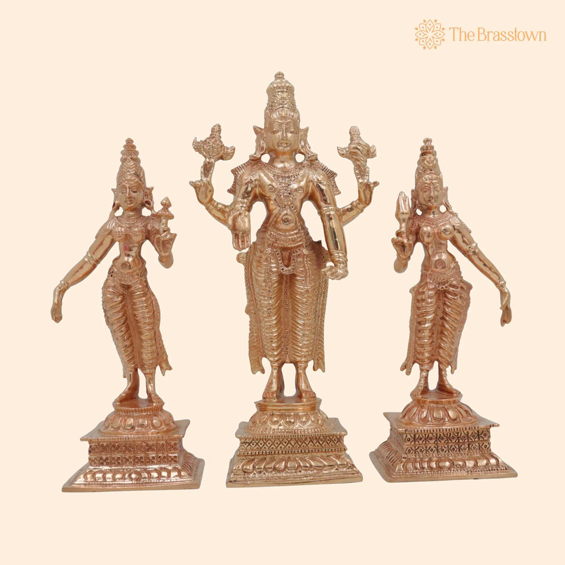 Bronze Vishnu with Sri Devi &amp; Bhu Devi Idol – Set, Handcrafted Murti for Pooja, Temple &amp; Home Décor 6 Inch 1