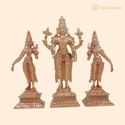 Bronze Vishnu with Sri Devi &amp; Bhu Devi Idol – Set, Handcrafted Murti for Pooja, Temple &amp; Home Décor 6 Inch 1