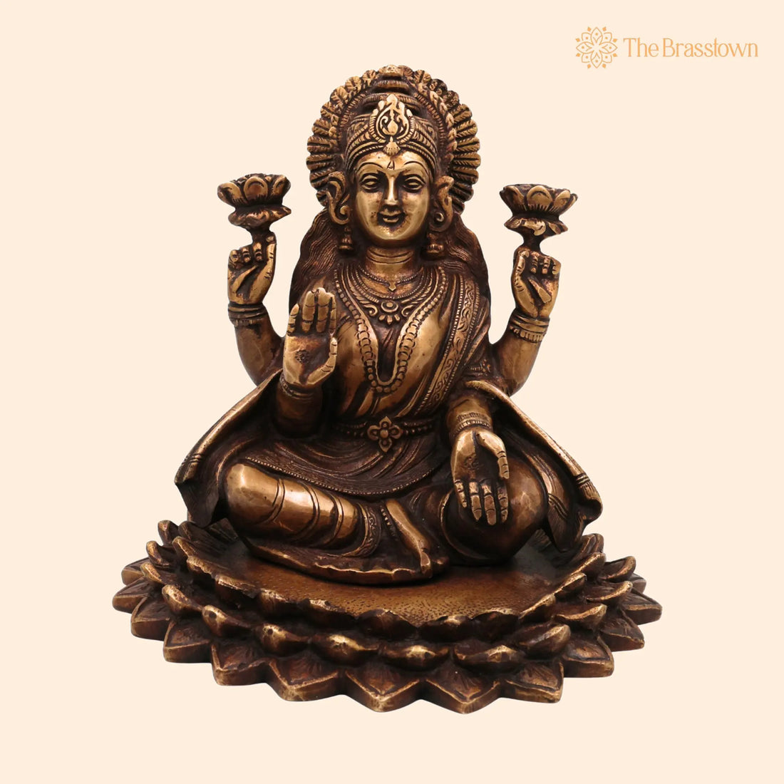Brass Lakshmi on Lotus Idol – Handcrafted Mahalakshmi Statue, Goddess Lakshmi Murti for Temple, Pooja &amp; Home Décor 7.5 Inch 1