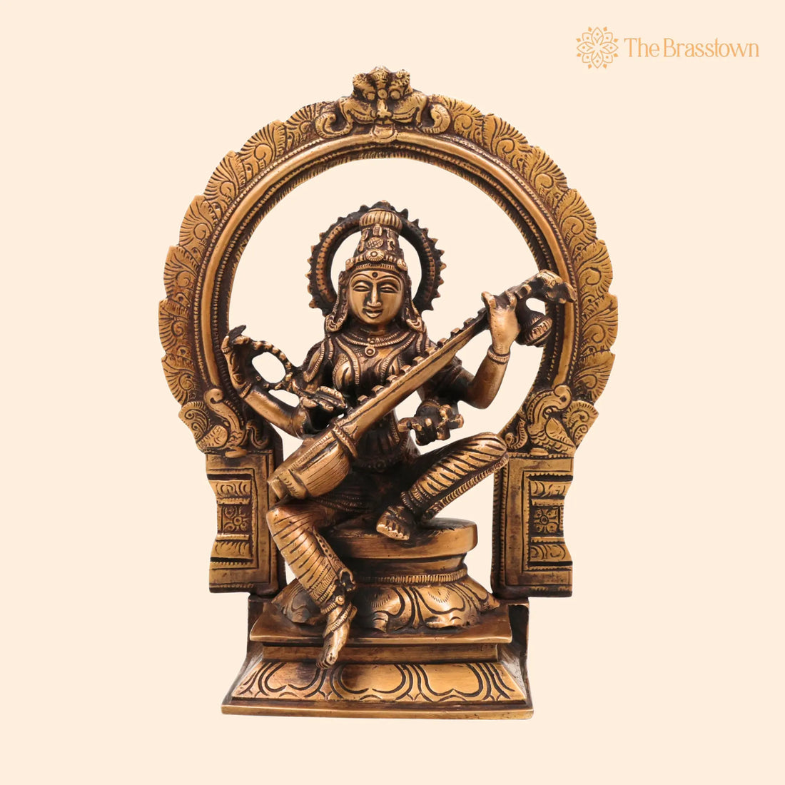 Brass Saraswati Idol – Goddess of Knowledge Murti, Handmade Veenapani Sculpture for Home Temple Décor 9.5 Inch 1