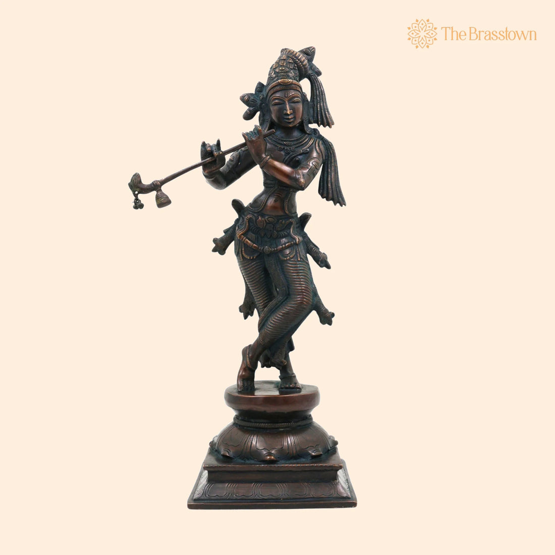 Brass Lord Krishna Idol – Handcrafted Venugopala Murti, Flute Playing Krishna Statue for Pooja, Home Temple &amp; Spiritual Décor 14 Inch 1