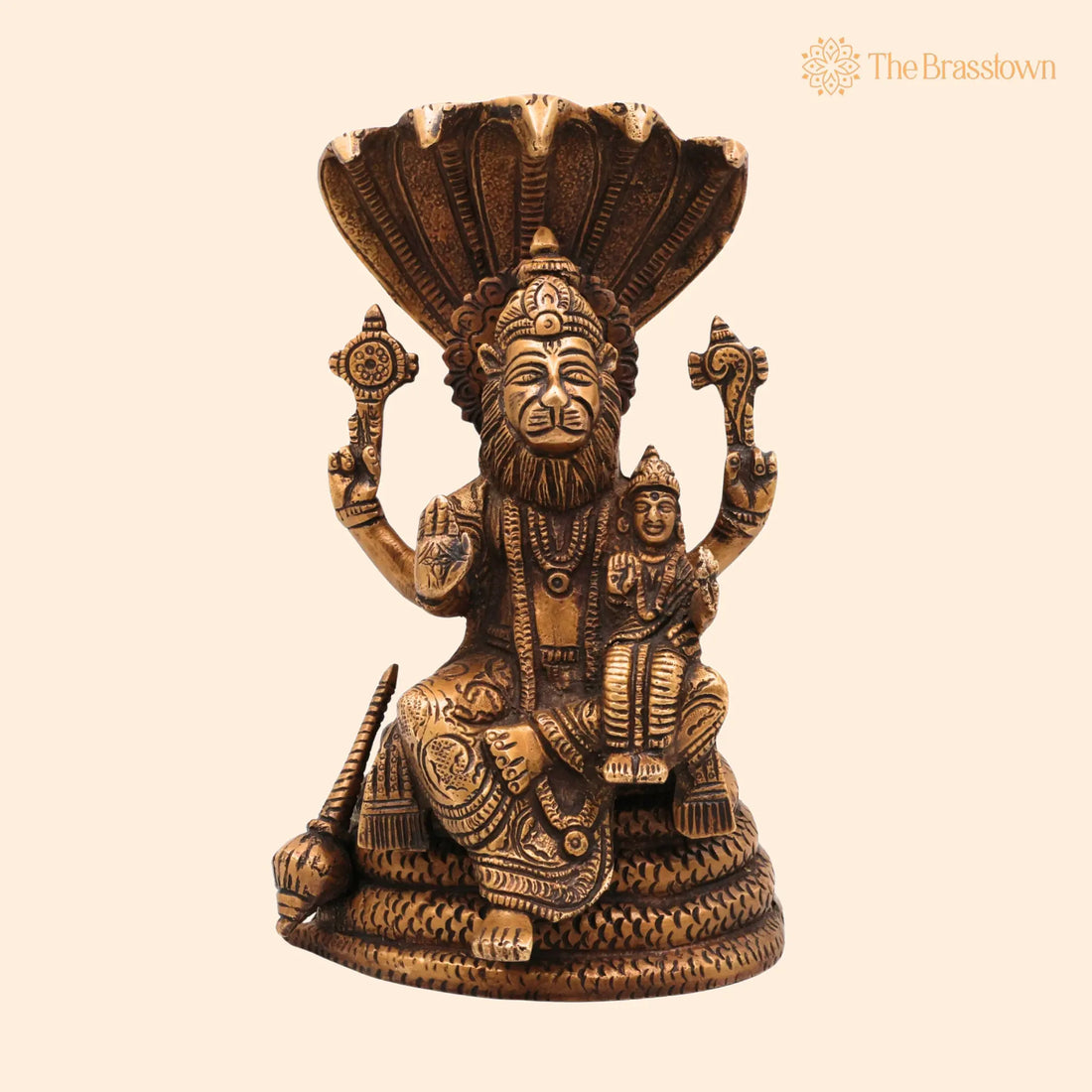 Brass Narasimha Lakshmi Idol – Handcrafted Brass Murti, Lord Narasimha with Goddess Lakshmi on Sheshnag Statue for Pooja 8 Inch 1