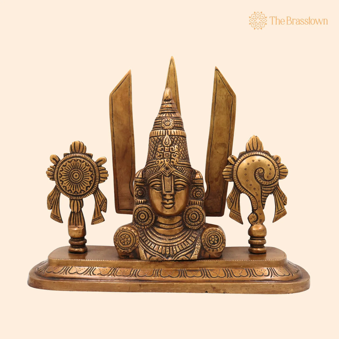 Brass Balaji Face Idol – Handcrafted Gold Murti, Lord Venkateswara Sculpture with Shanka, Chakra &amp; Namam for Pooja 10 Inch 1
