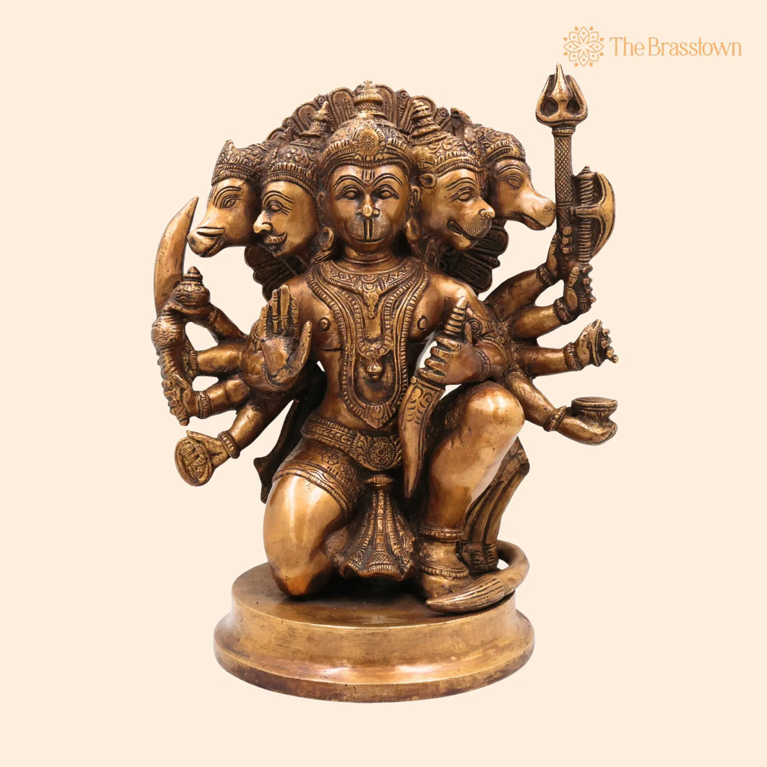 Brass Pancha Mukhi Hanuman Idol – Handcrafted Brass Murti, Bajrangbali Five-Faced Statue, Anjaneya Sculpture for Pooja 10.5 Inch 1