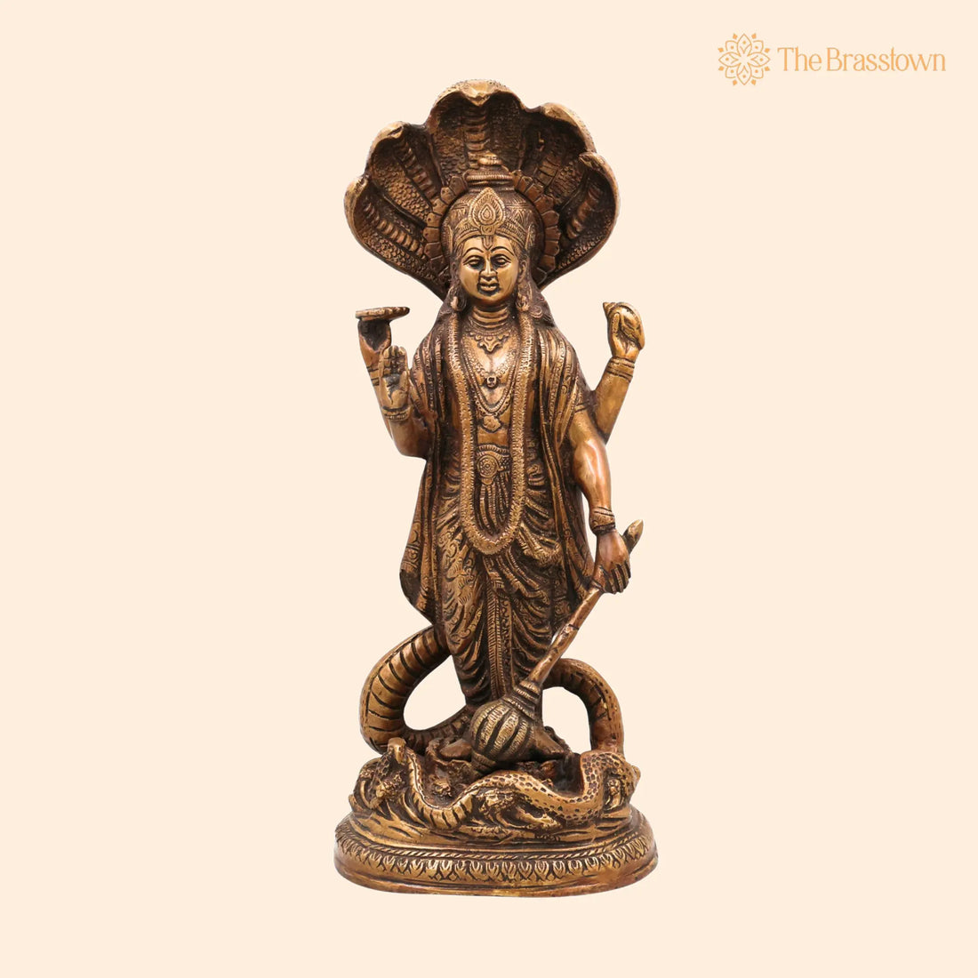 Brass Vishnu Idol on Sheshanag – Handcrafted Murti, Lord Vishnu Standing Statue, Narayana Sculpture for Pooja, Home Décor &amp; Gifts 17 Inch 1