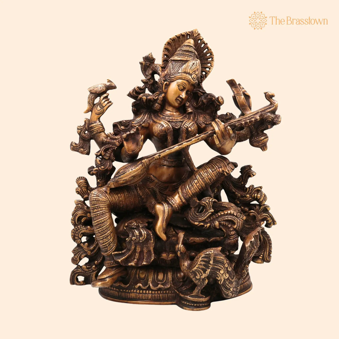 Brass Saraswati Idol – Handcrafted Murti, Goddess of Knowledge Statue, Veena Sculpture for Pooja, Home Décor &amp; Gifts 15.5 Inch 1