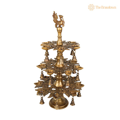 Brass Handcrafted Peacock Kuthu Vilakku Deepam – 3 Step Temple Lamp with Bells 25.5 Inch 2