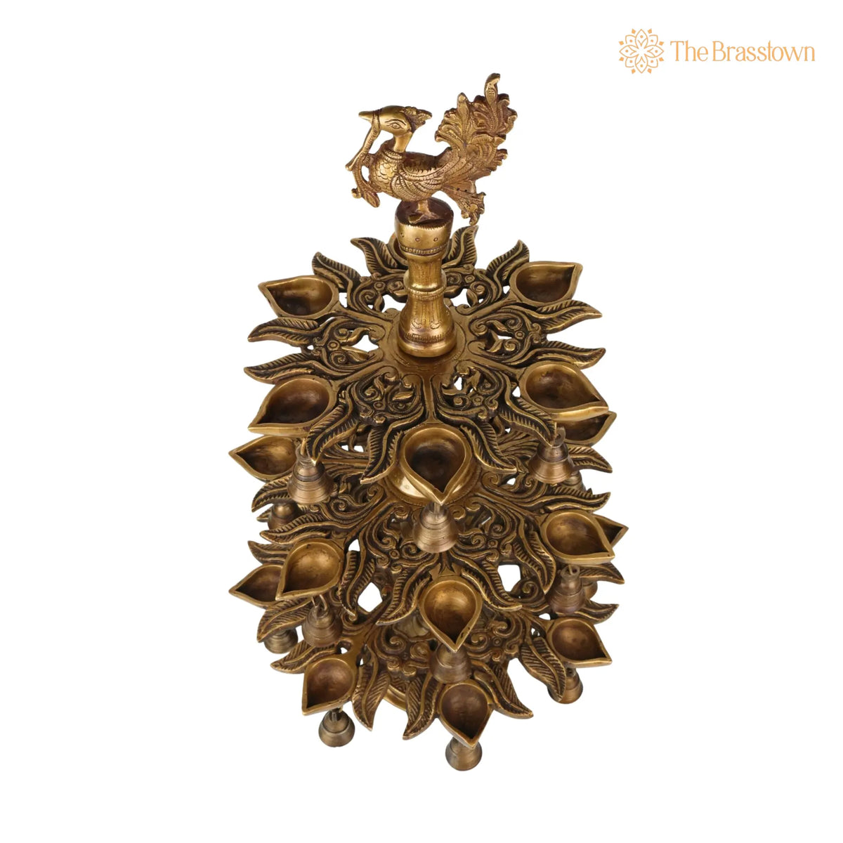 Brass Handcrafted Peacock Kuthu Vilakku Deepam – 3 Step Temple Lamp with Bells 25.5 Inch 3