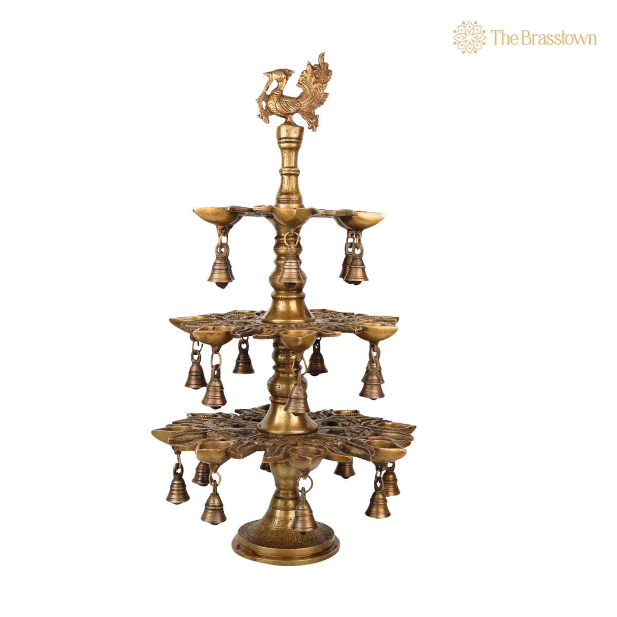 Brass Handcrafted Peacock Kuthu Vilakku Deepam – 3 Step Temple Lamp with Bells 25.5 Inch 4