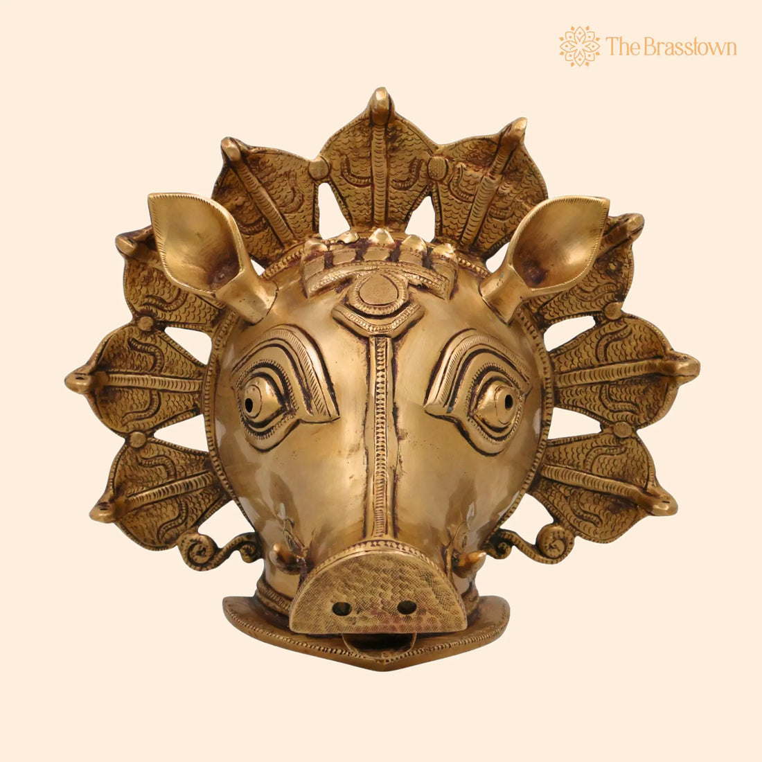 Brass Varaha Face Idol – Handcrafted Lord Vishnu Varaha Avatar Wall Hanging Sculpture for Temple &amp; Home Décor 9.5 Inch 1