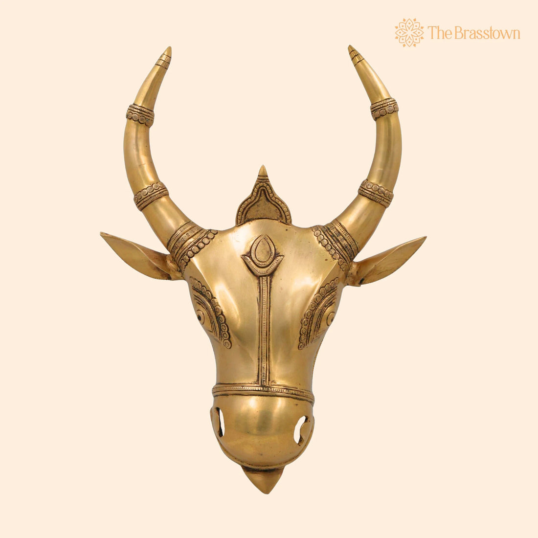 Brass Nandi Bull Face Idol – Handmade Vrishabha Wall Hanging Basava Head Sculpture for Temple &amp; Home Décor 17 Inch 1