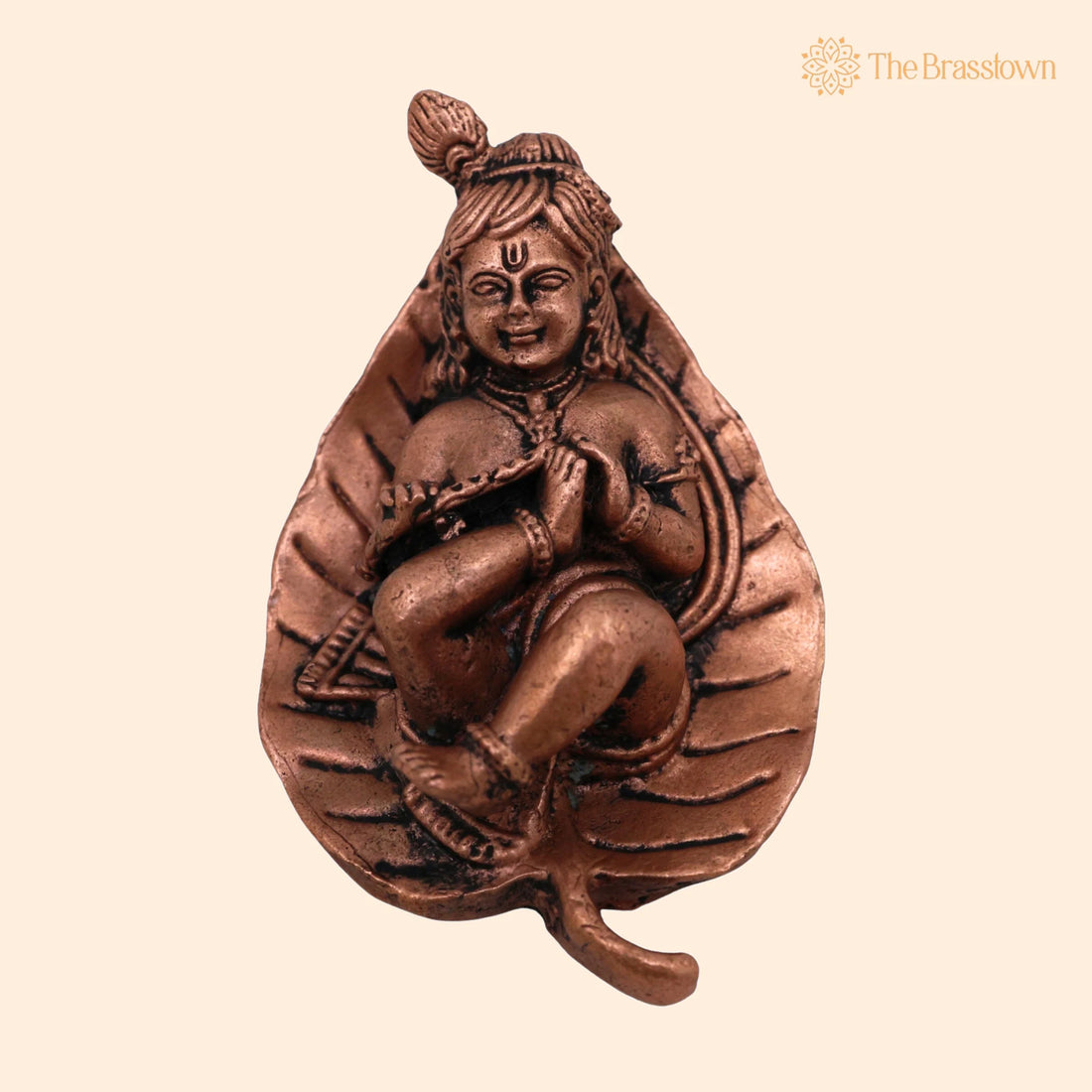 Copper Bal Krishna on Leaf Idol – Handcrafted Tamra Gopala Murti, Pure Tamraloha Baby Krishna Statue for Pooja, Home Décor 1 Inch 1