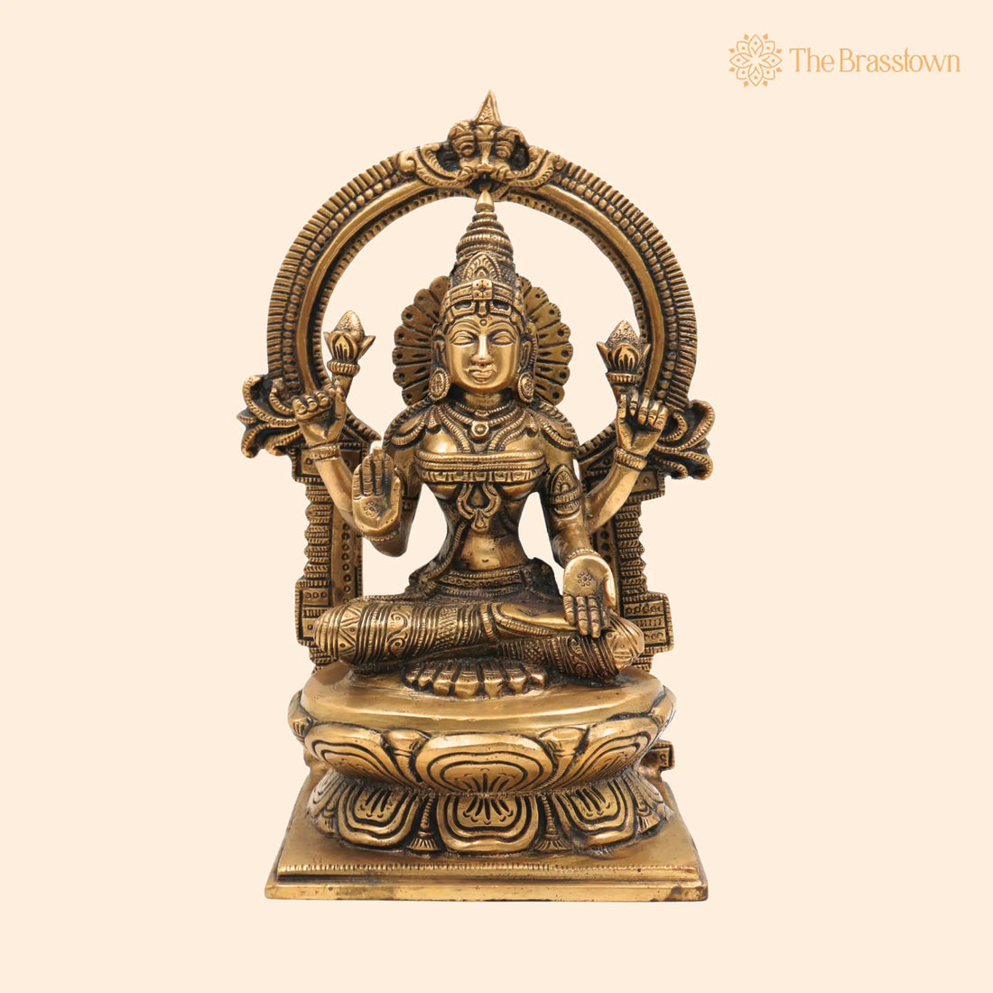 Handcrafted Brass Mahalakshmi Idol with Prabhavali – Shri Lakshmi, Kamala Devi, Ashta Lakshmi, Pital Laxmi Murti for Pooja 9 Inch 1
