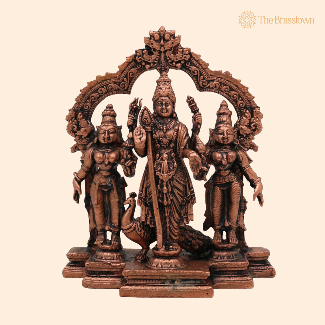 Copper Murugan with Valli &amp; Devasena Idol – Handcrafted Tamra Murti, Lord Subramanya / Kartikeya Statue for Pooja, Home Décor &amp; Gifts 4.5 Inch 1