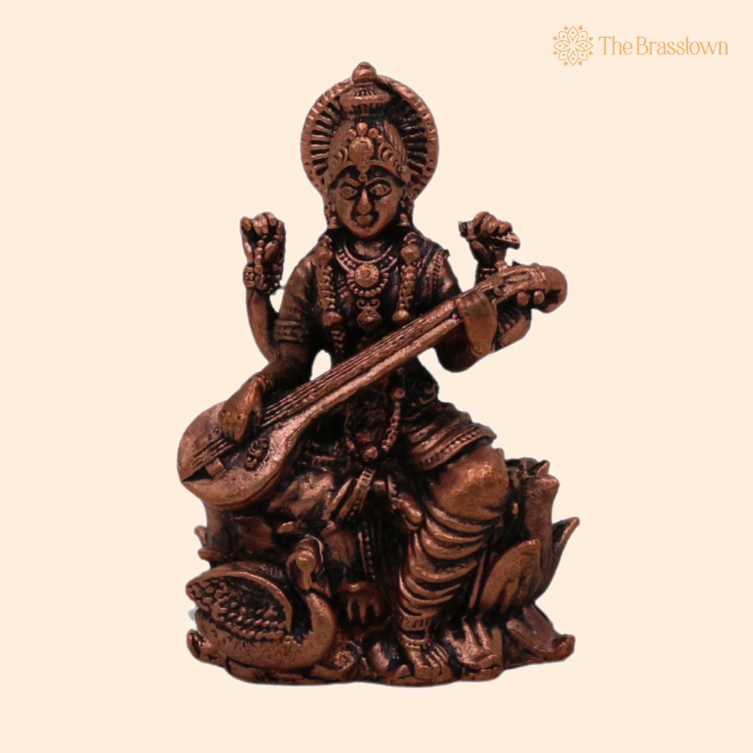 Copper Saraswati Idol – Handcrafted Sharada Bharati Vani Vagdevi Hamsavahini Taamra Saraswati Murti for Puja, Home Mandir &amp; Décor 2.5 Inch 1