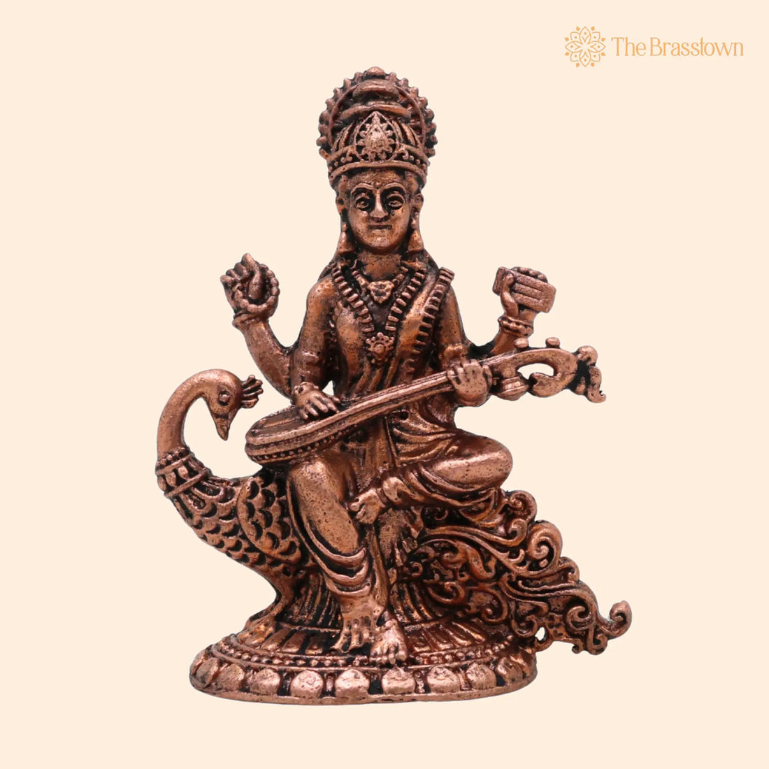 Copper Saraswati Idol – Handcrafted Maa Saraswati Vagdevi Veenapani Sharada Devi Tamraloha Murti for Home Pooja &amp; Décor 2.5 Inch 1