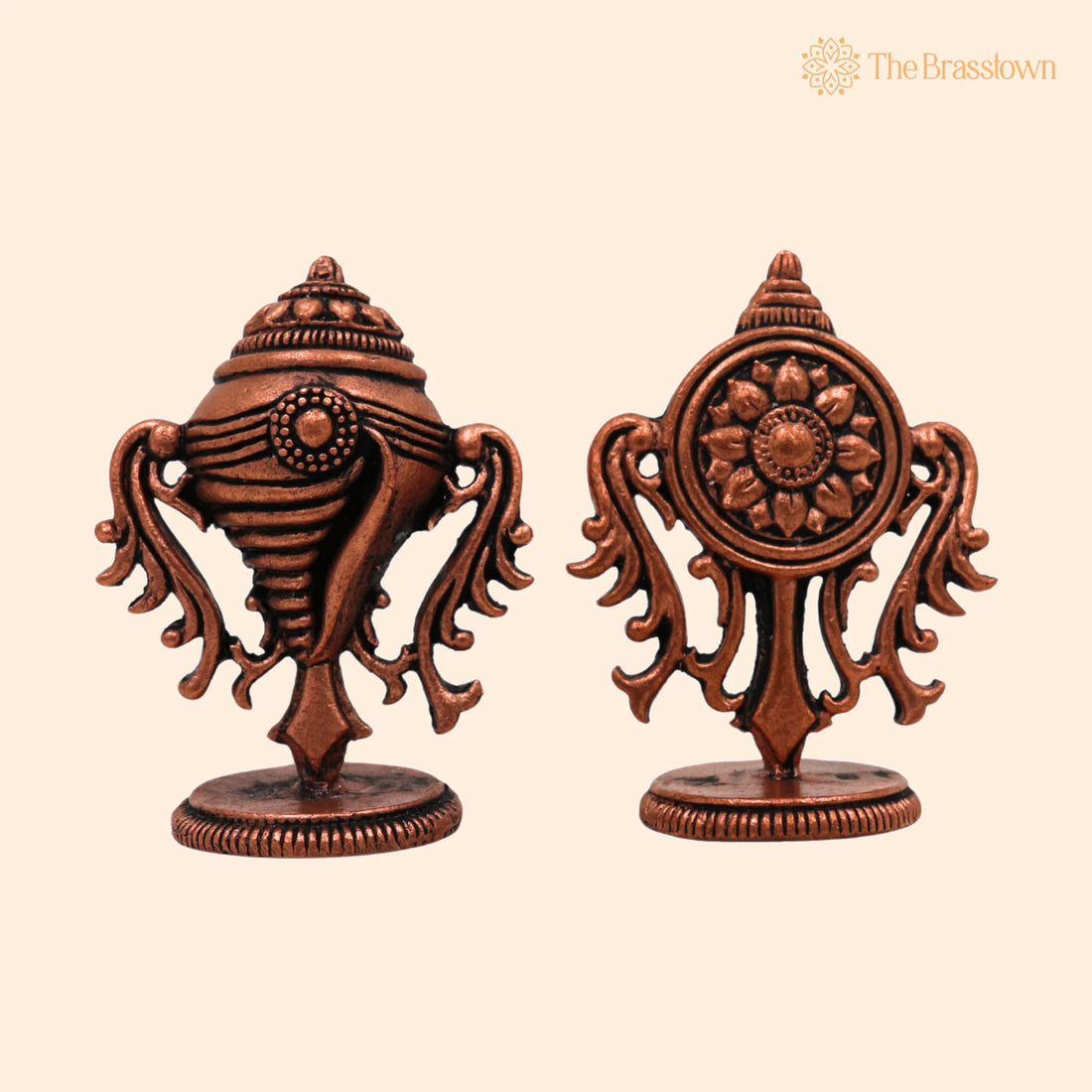 Copper Shankh Chakra Tamra Sudarshan Vishnu Symbol – Handcrafted Tamraloha Conch &amp; Discus, Panchajanya Chakra Yantra for Pooja 2 Inch 1