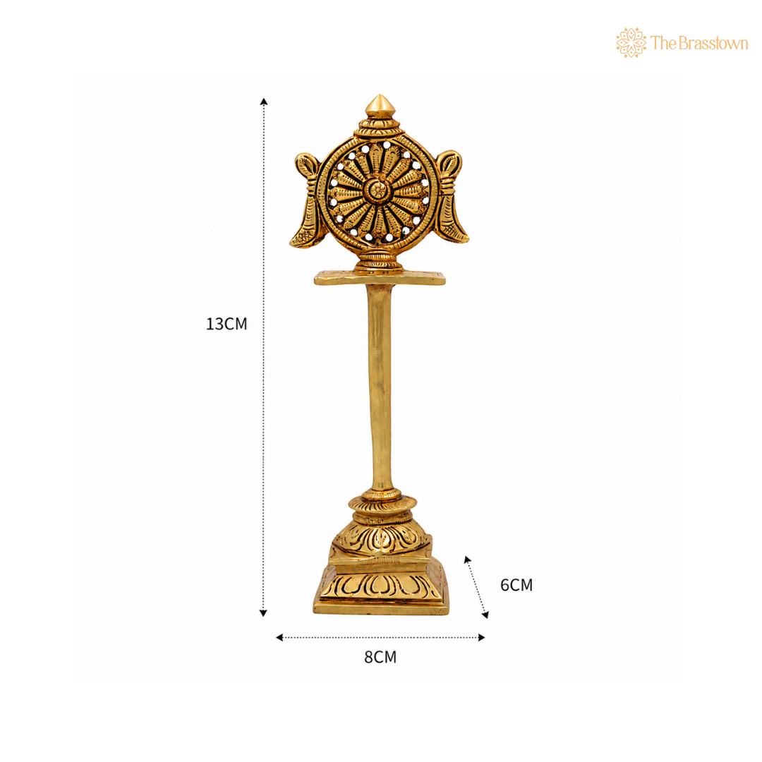 Brass Sudarshan Chakra Stand – Peetal Vishnu Symbol Balaji Sudarshan Chakra Figurine for Pooja, Home Temple &amp; Spiritual Décor 5 Inch