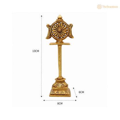 Brass Sudarshan Chakra Stand – Peetal Vishnu Symbol Balaji Sudarshan Chakra Figurine for Pooja, Home Temple &amp; Spiritual Décor 5 Inch