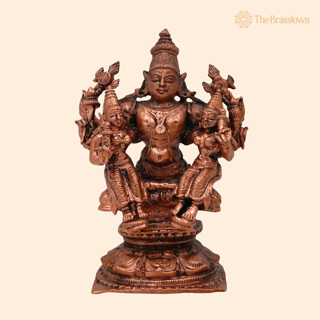 Copper Vishnu With Sridevi Bhudevi Idol – Handcrafted Tamra Murti for Puja, Home Mandir &amp; Décor 4.5 Inch 1
