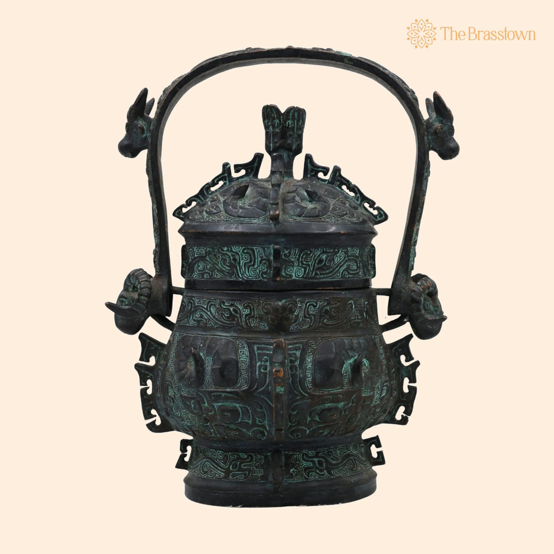 Brass Chinese Style Water Pot – Handcrafted Peetal Pital Pittal Oriental Lidded Vessel, Chinese Feng Shui Lota Kalash 10 Inch 1