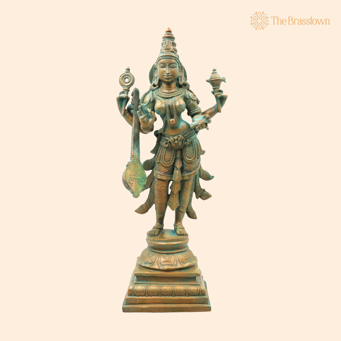 Bronze Saraswati Idol – Handcrafted Saraswathi Sharada Vagdevi Bharati Vidya Devi Veena Vadini Murti for Puja, Home Mandir &amp; Décor 15 Inch 1