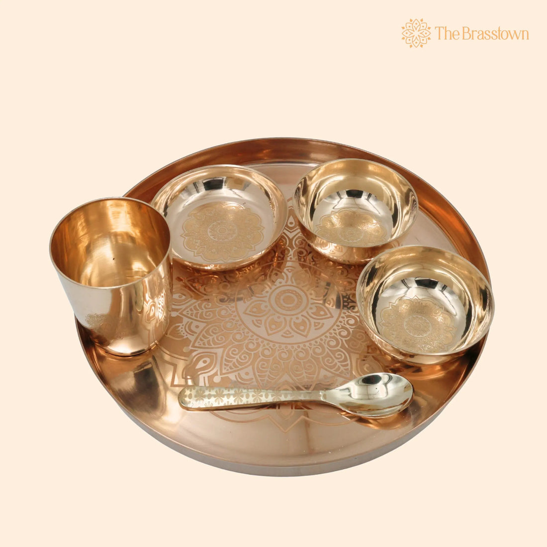 Bronze Kansa Dinner Set – Handcrafted Panchaloha Bhojan Thali with Plate Bowls Glass Spoon for Dining, Puja &amp; Gifting 11 Inch 1
