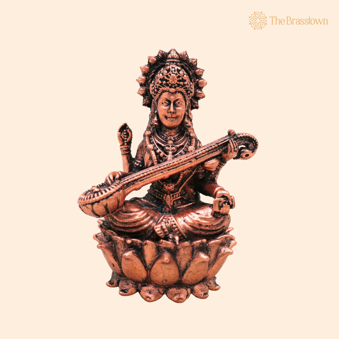 Copper Saraswati Idol – Handcrafted Tamra Sharada Vagdevi Veena Pani Murti, Hansavahini Vidyadayini Saraswathi Vigraham for Pooja 3 Inch 1