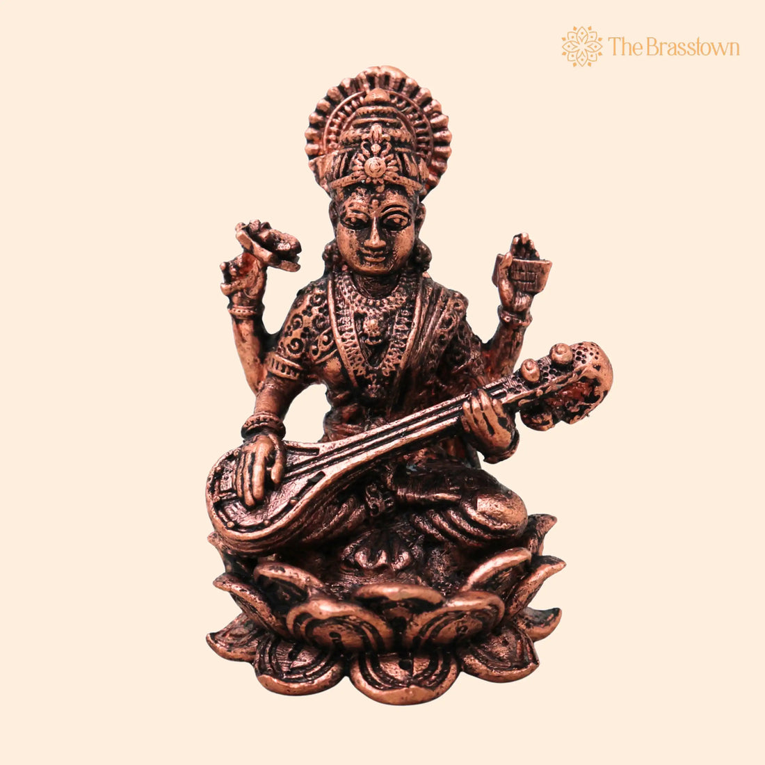 Copper Saraswati Idol – Handcrafted Veenavadini Vagdevi Sharada Bharati Vidya Devi Murti for Pooja Mandir Home Décor Gift Tamra Vigraha Statue 2.5 Inch 1
