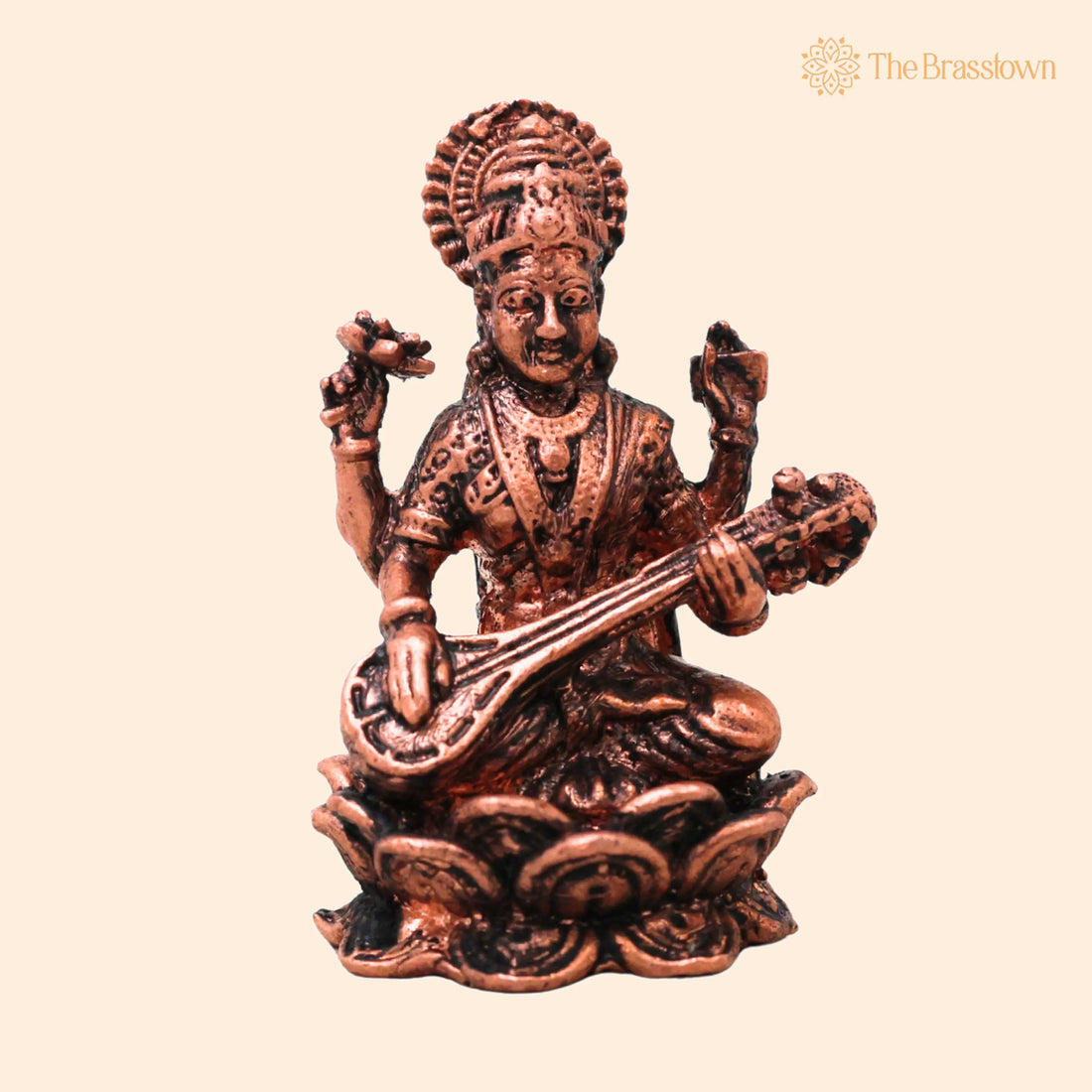 Copper Saraswati Murti – Handcrafted Sharada Vagdevi Veenavadini Vidya Devi Idol for Pooja Mandir Home Décor 2 Inch 1