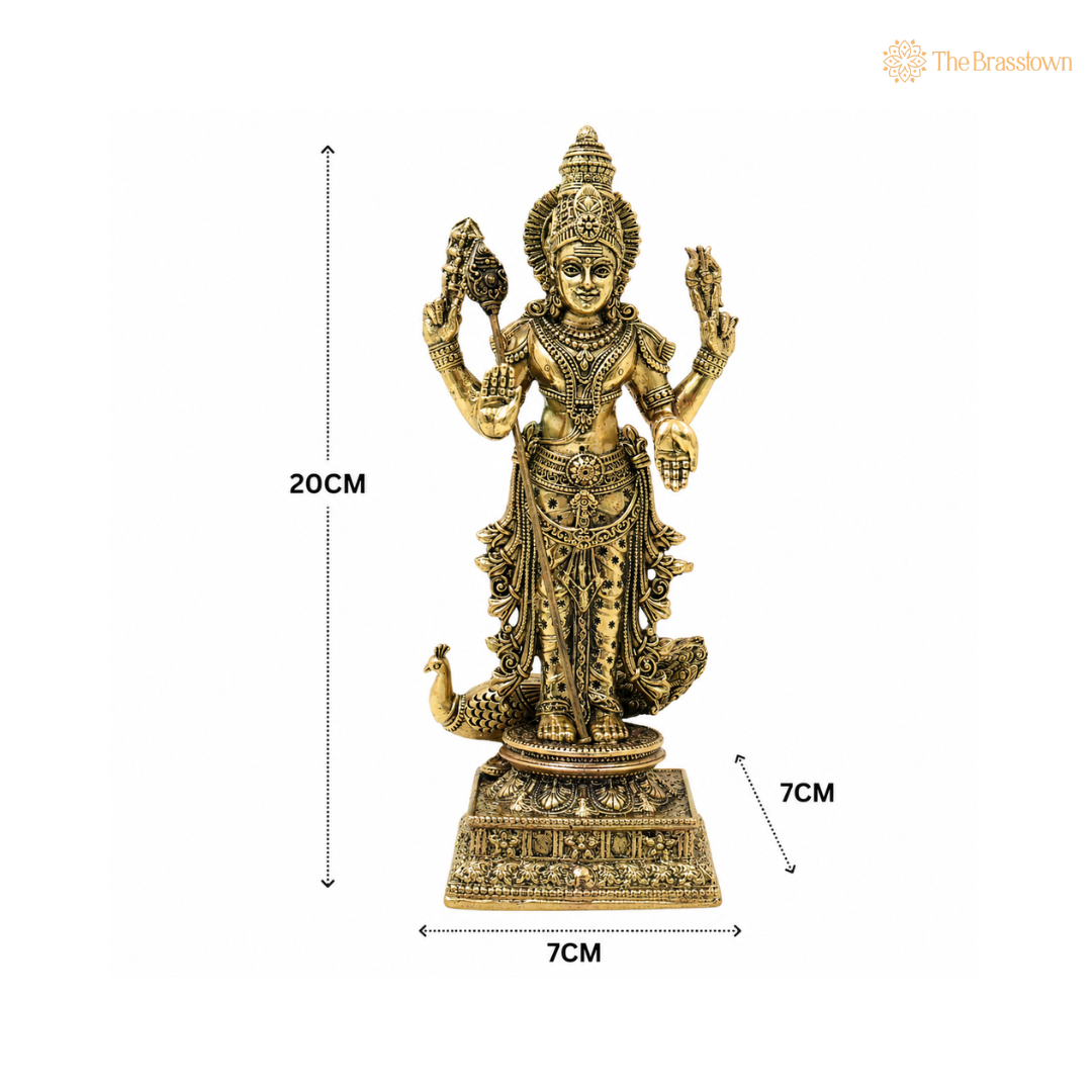 Brass Handcrafted Chola Murugan Idol with Vel – Lord Subramanya Kartikeya Statue for Pooja, Home Mandir, Spiritual Décor &amp; Gifting 8 Inch