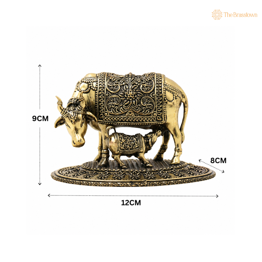 Handcrafted Brass Kamadhenu Idol – Surabhi Cow with Calf (Gau Mata) Murti, Handcrafted Divine Cow for Puja, Home &amp; Temple Décor 3.5 Inch