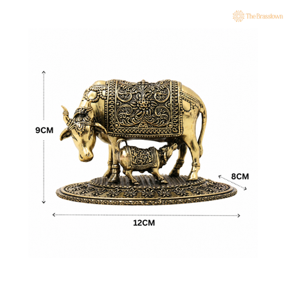 Handcrafted Brass Kamadhenu Idol – Surabhi Cow with Calf (Gau Mata) Murti, Handcrafted Divine Cow for Puja, Home &amp; Temple Décor 3.5 Inch