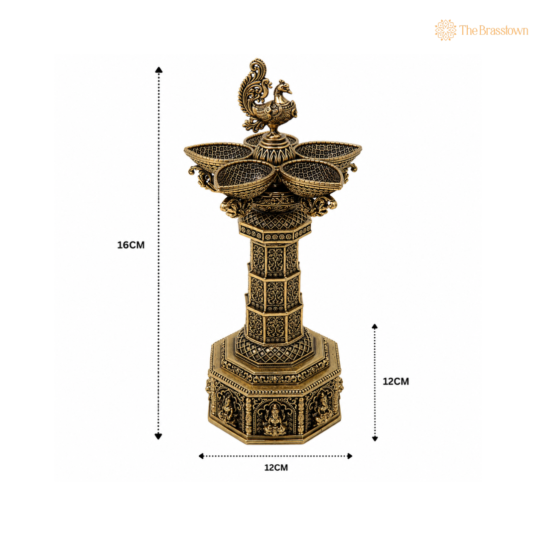 Brass  Lakshmi Peacock Vilakku Deepam – Handcrafted Peetal Oil Lamp for Pooja, Home Mandir &amp; Spiritual Décor 6.5 Inch