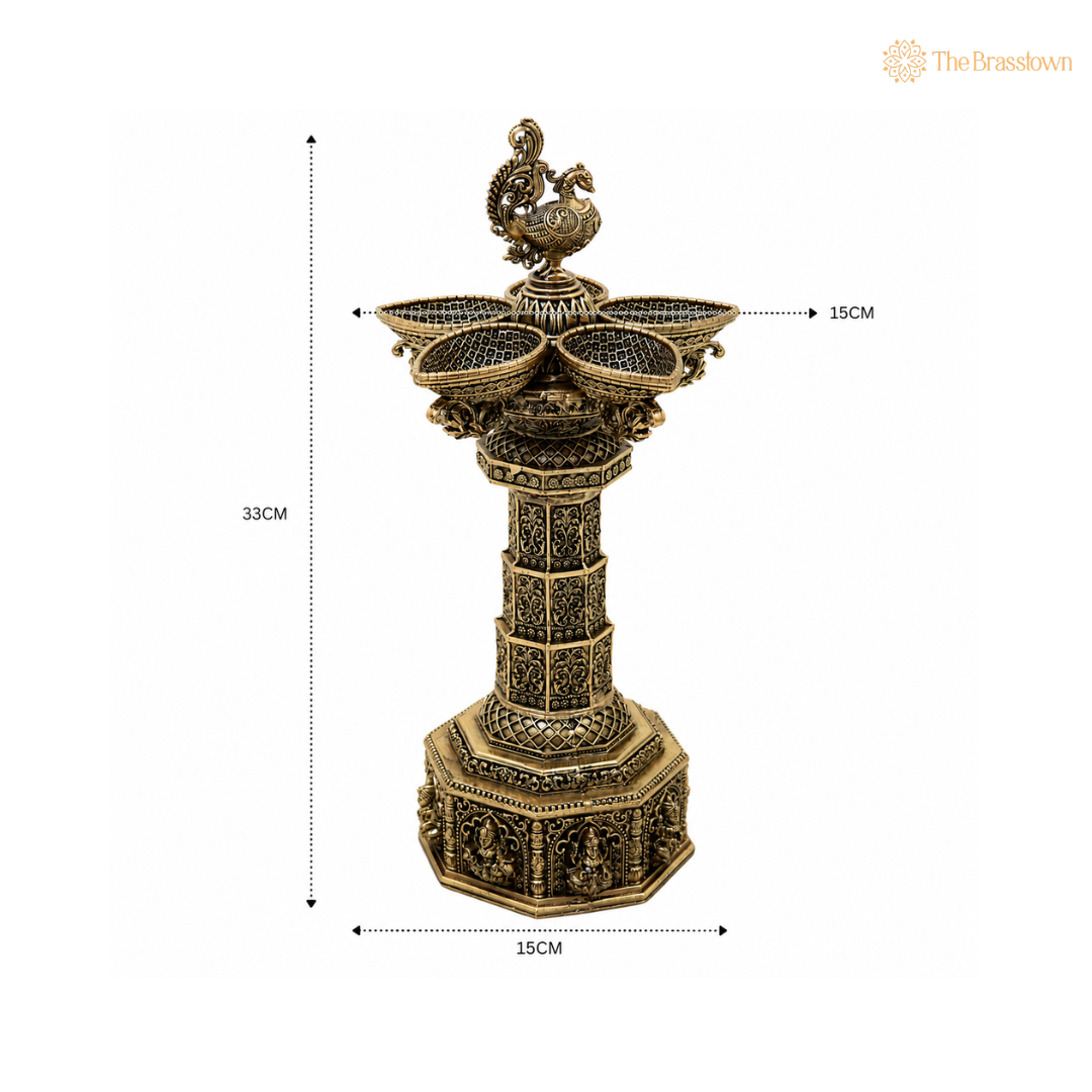 Brass  Lakshmi Peacock Vilakku Deepam – Handcrafted Peetal Oil Lamp for Pooja, Home Mandir &amp; Spiritual Décor 13 Inch
