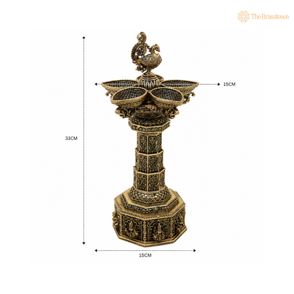 Brass  Lakshmi Peacock Vilakku Deepam – Handcrafted Peetal Oil Lamp for Pooja, Home Mandir &amp; Spiritual Décor 13 Inch