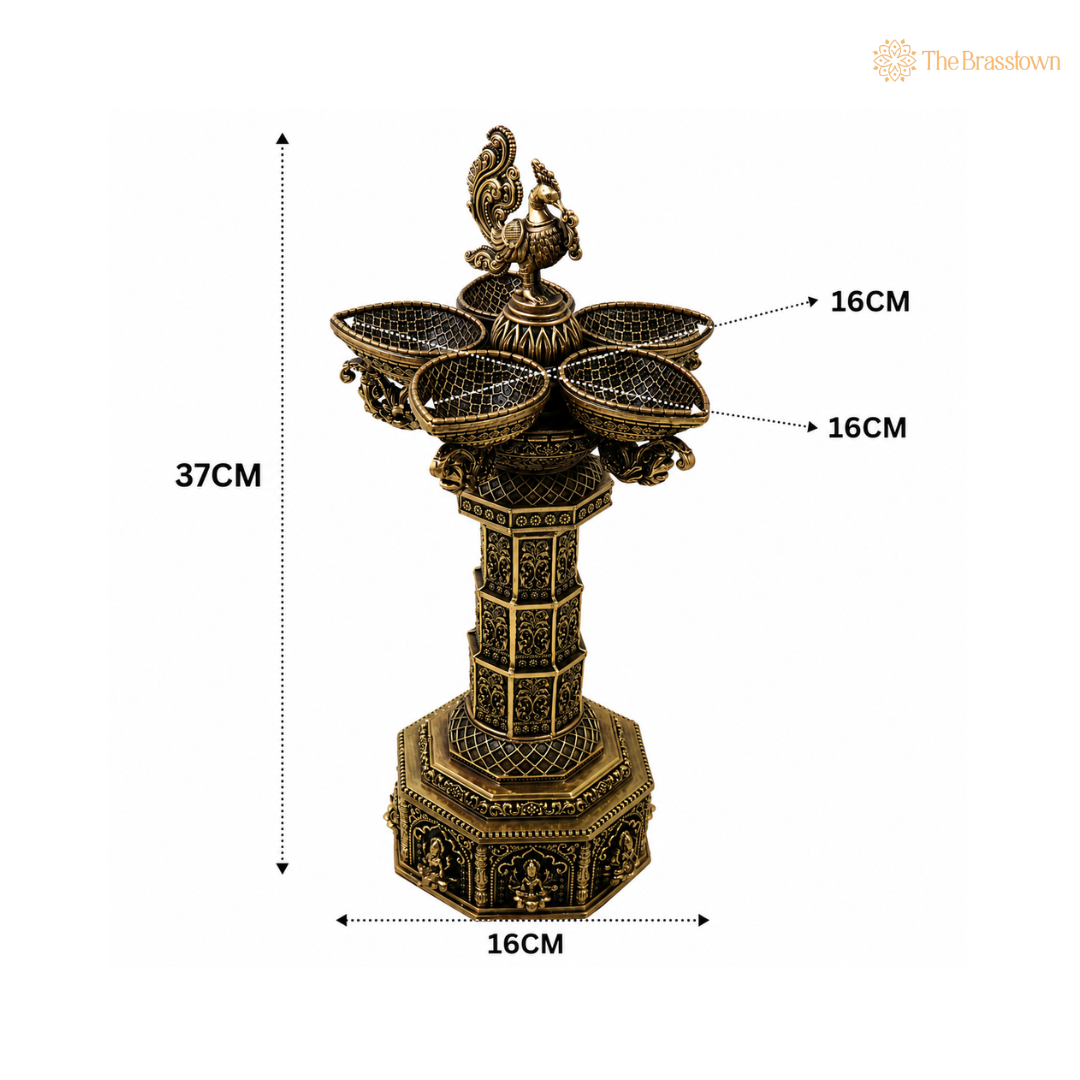 Brass Peacock Lakshmi Vilakku Deepam – Handcrafted Peetal Oil Lamp for Pooja, Home Mandir &amp; Spiritual Décor 14.5 Inch
