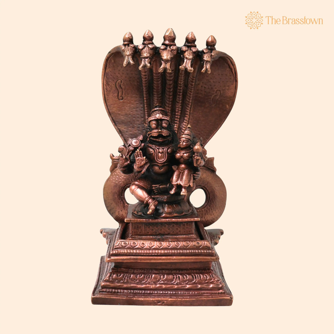 Copper Lakshmi Narasimha Sitting on Sheshnag Idol – Handcrafted Traditional Vigraham for Pooja &amp; Décor 6 Inch 1