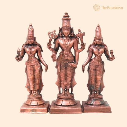 Copper Vishnu Shridevi Bhudevi Idol – Handcrafted Décor &amp; Gifting 9 Inch 1