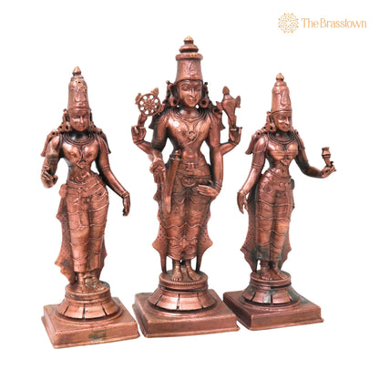 Copper Vishnu Shridevi Bhudevi Idol – Handcrafted Décor &amp; Gifting 9 Inch 2