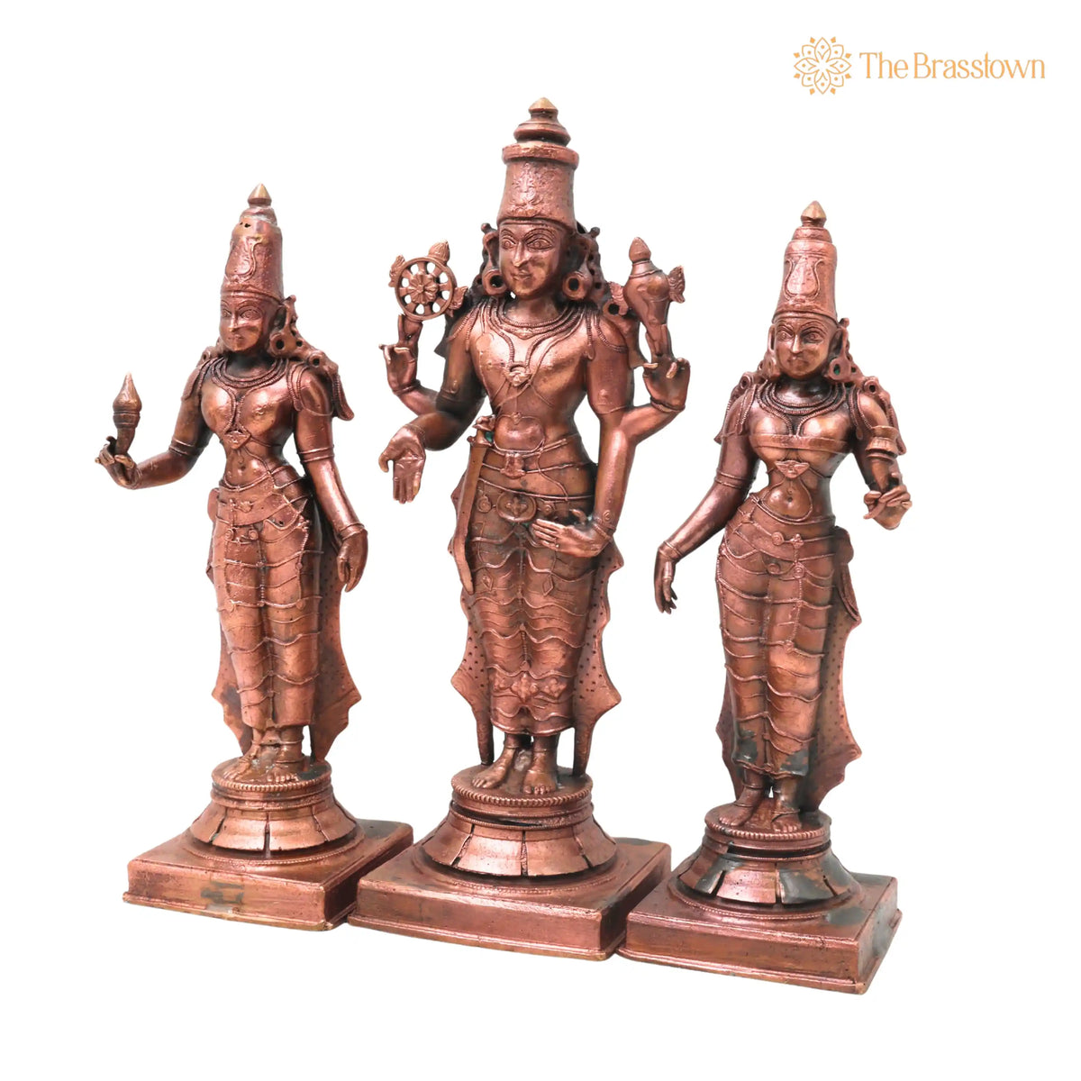 Copper Vishnu Shridevi Bhudevi Idol – Handcrafted Décor &amp; Gifting 9 Inch 3