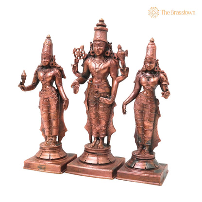 Copper Vishnu Shridevi Bhudevi Idol – Handcrafted Décor &amp; Gifting 9 Inch 3