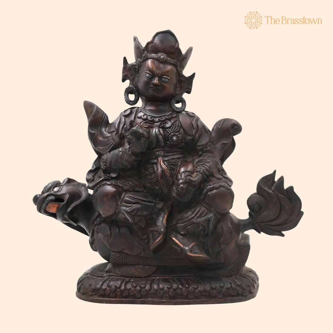 Brass Kuber On Dragon Idol Statue – Handcrafted Kubera Vaishravana Murti for Pooja, Vastu Décor &amp; Gifting, Silver 10 Inch 1