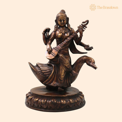 Brass Saraswati On Swan Idol – Handcrafted Hamsavahini Vagdevi Murti for Pooja, Home Décor &amp; Gifting 14.5 Inch 1