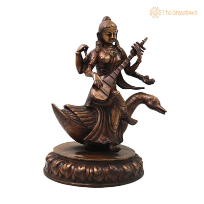 Brass Saraswati On Swan Idol – Handcrafted Hamsavahini Vagdevi Murti for Pooja, Home Décor &amp; Gifting 14.5 Inch 2