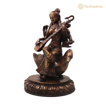 Brass Saraswati On Swan Idol – Handcrafted Hamsavahini Vagdevi Murti for Pooja, Home Décor &amp; Gifting 14.5 Inch 3
