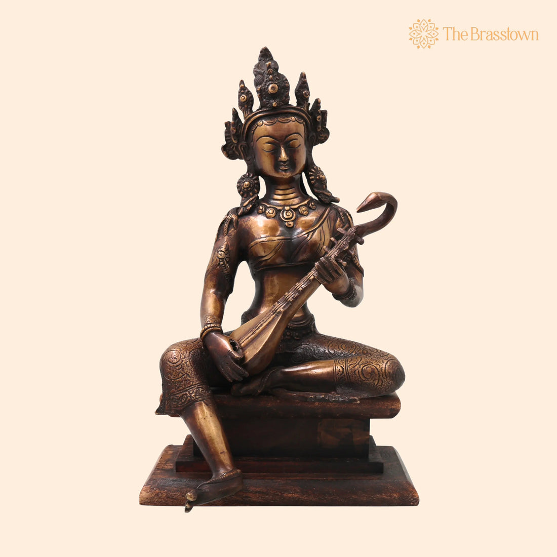 Brass Saraswati Idol – with Wooden Stand Handcrafted Vagdevi Sharada Murti for Pooja, Décor &amp; Gifting 14 Inch 1