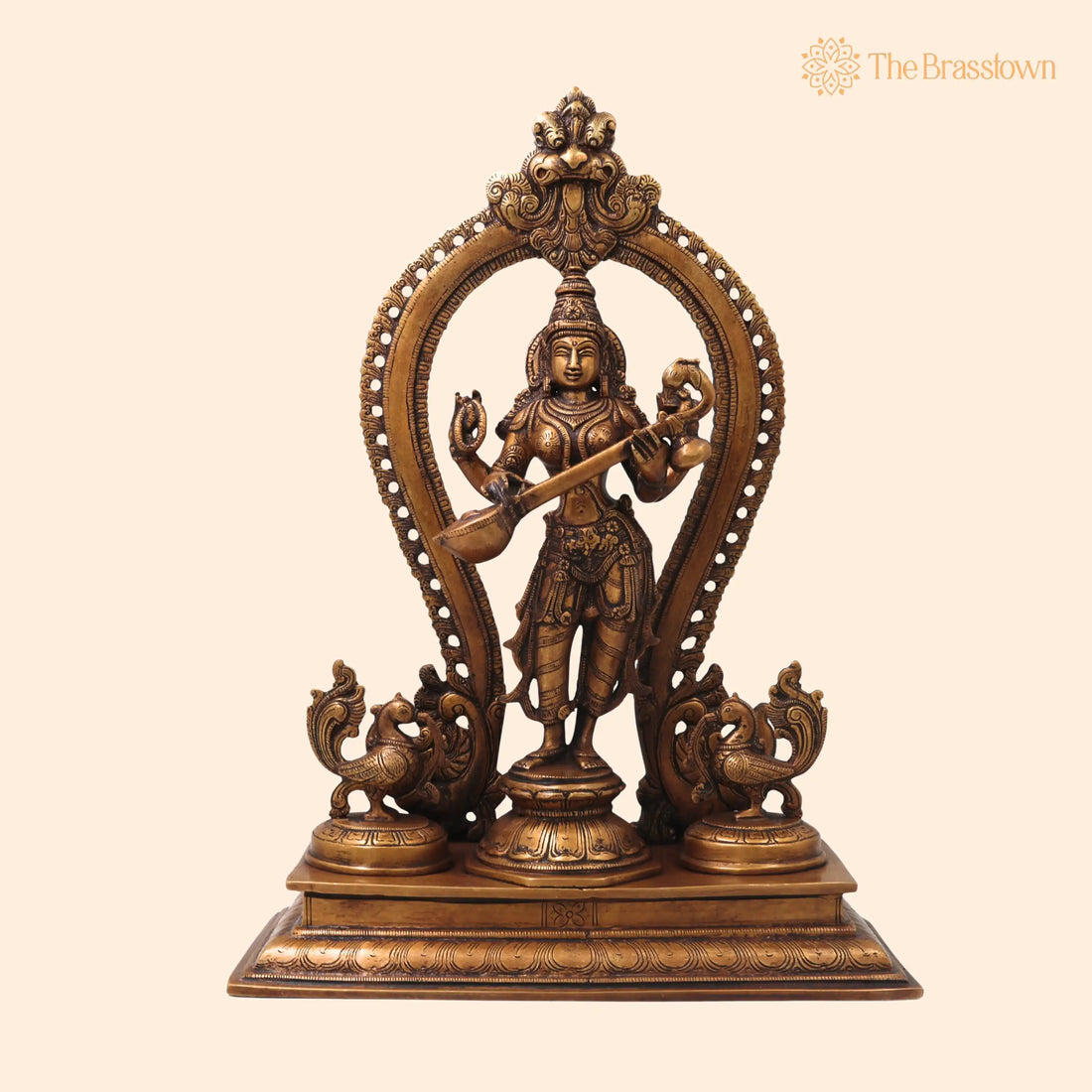 Brass Saraswati Idol – Handcrafted Vagdevi Sharadamba Murti for Pooja, Home Décor &amp; Spiritual Gifting 15.5 Inch 1
