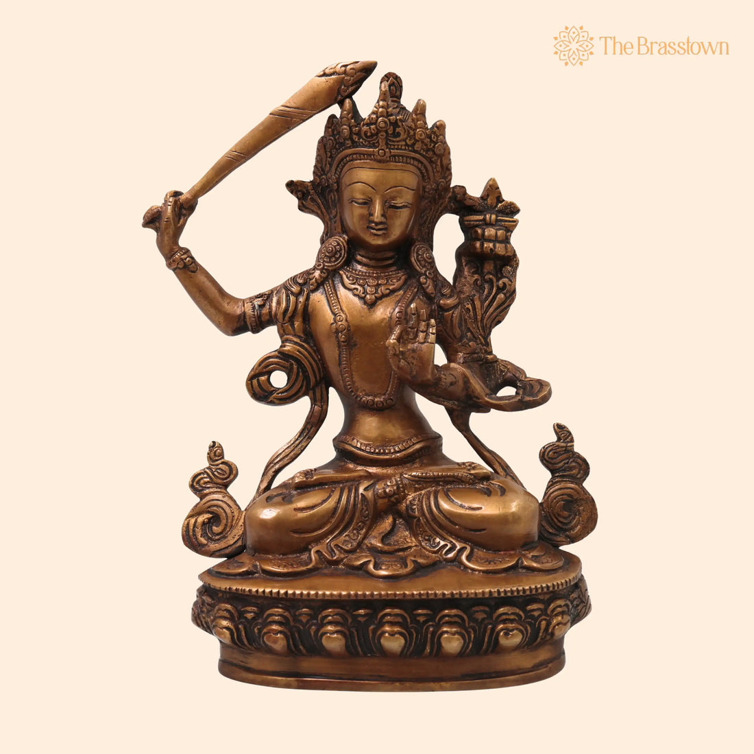 Brass Manjushri Bodhisattva Sculpture Idol for Pooja – Meditation, Home Décor, Gifting, Handcrafted Traditional Art 9.5 Inch 1