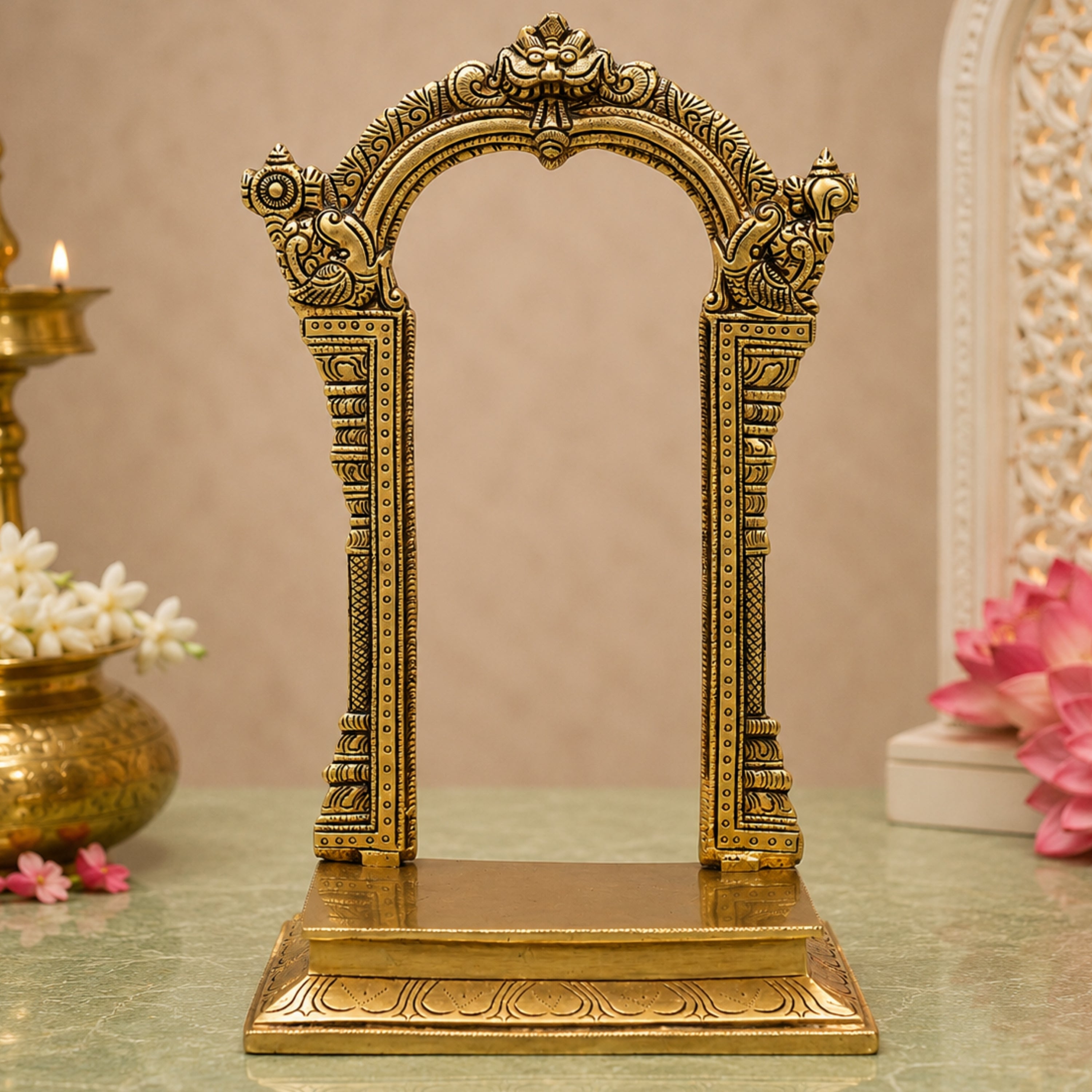 Brass Traditional Makara Torana Arch Standi – Makara Torana Arch Stand for Idols &amp; Home Temple Pooja 12 Inch